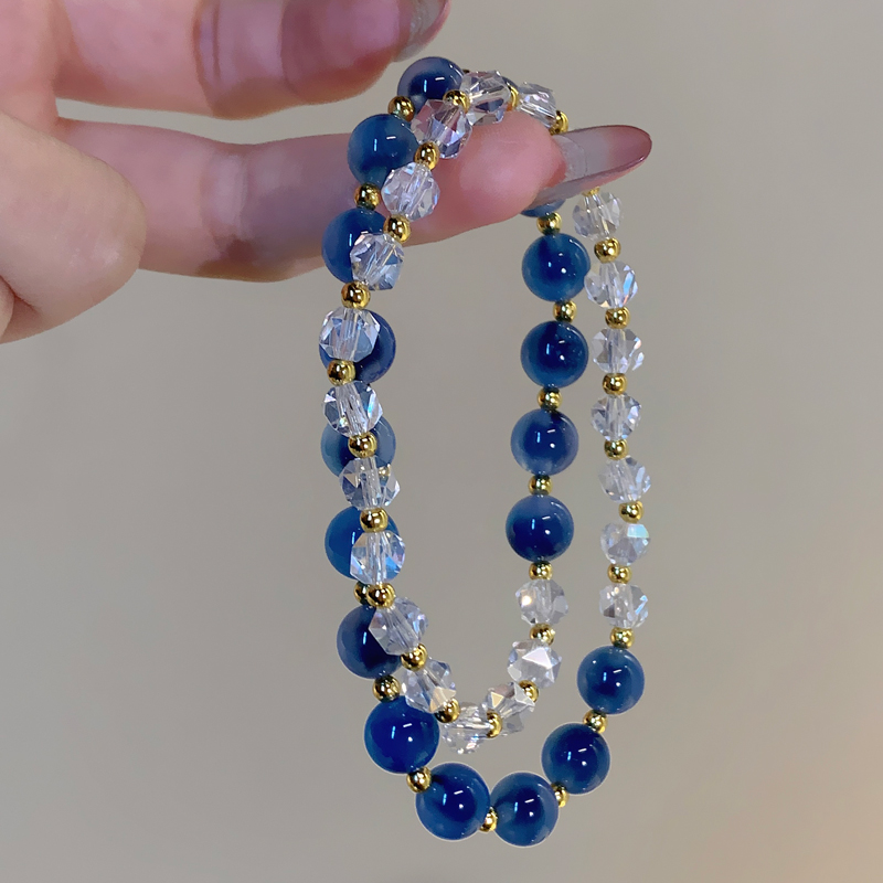 護身符_輕奢招財保平安瑪瑙透明水晶雙圈時尚手鍊精緻夢幻藍手串