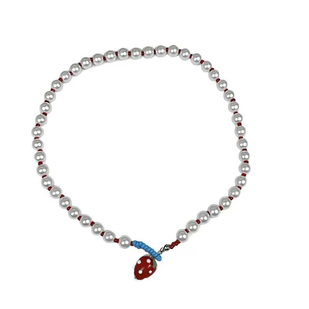 多巴胺紅色草莓珍珠項鍊女小眾甜美前扣鎖骨鏈choker可愛童趣頸鍊