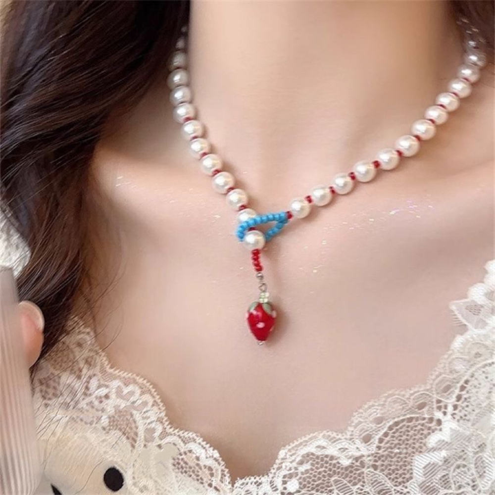 多巴胺紅色草莓珍珠項鍊女小眾甜美前扣鎖骨鏈choker可愛童趣頸鍊