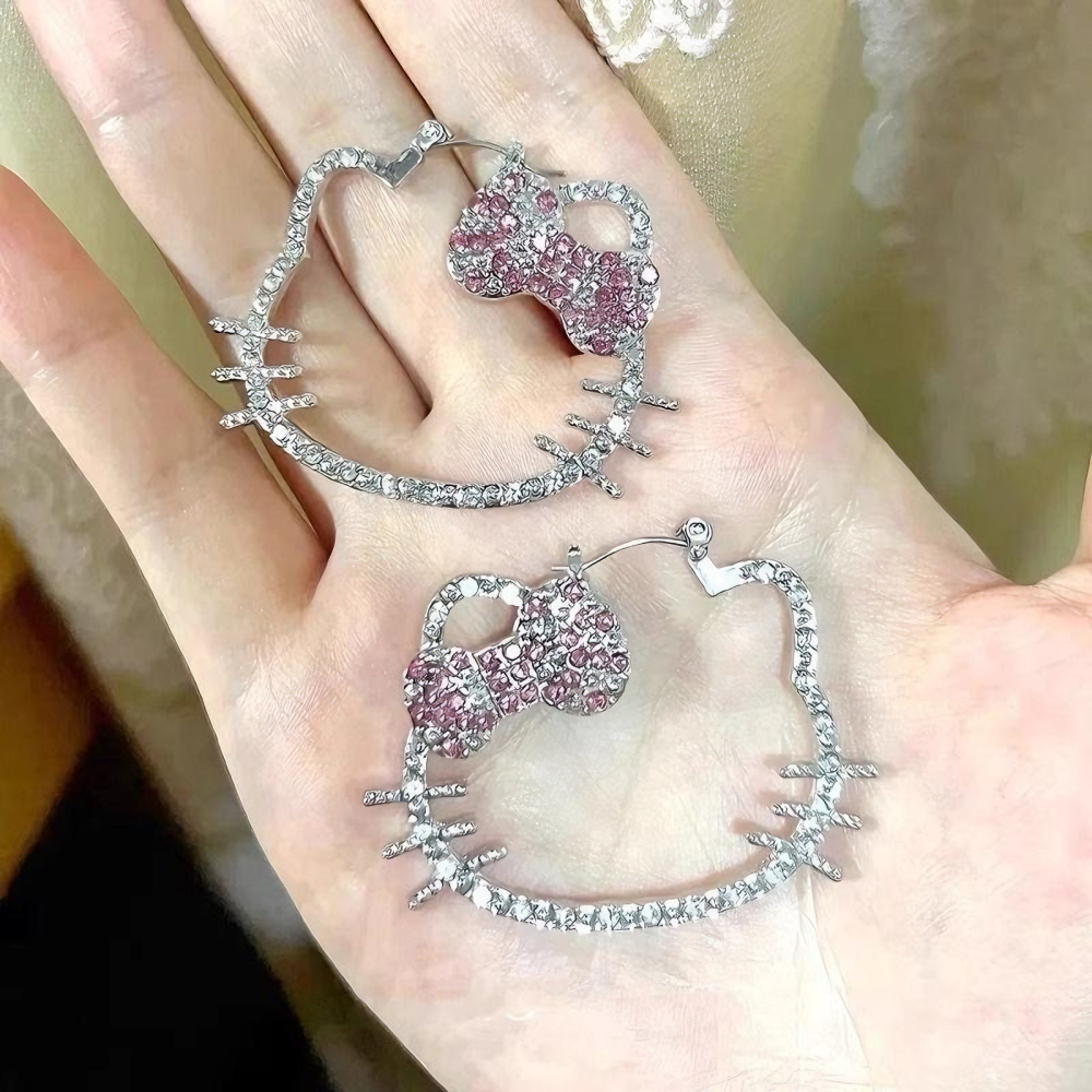 爆閃銀色滿鑽kitty耳圈女誇張個性可愛kt貓耳環小眾復古耳夾耳飾