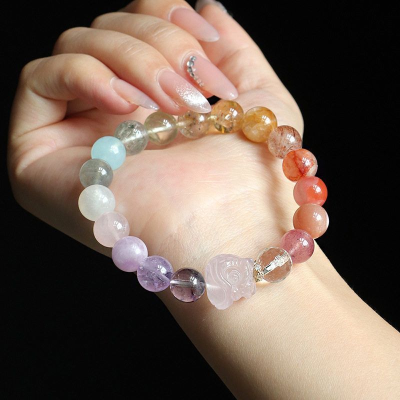 馬粉醒獅貔貅小熊多寶天然水晶串珠手鏈女時尚高級感海藍寶紫天然水晶手串