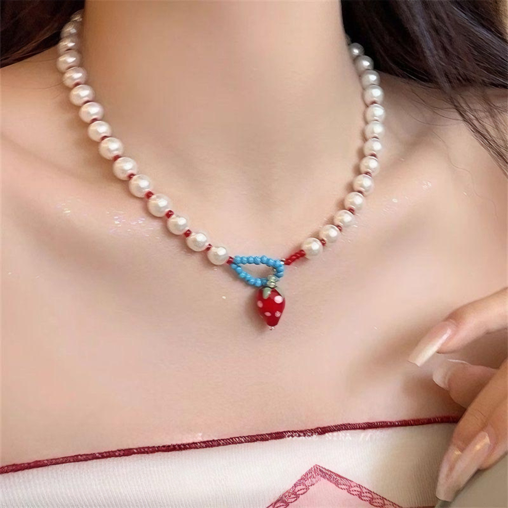 多巴胺紅色草莓珍珠項鍊女小眾甜美前扣鎖骨鏈choker可愛童趣頸鍊