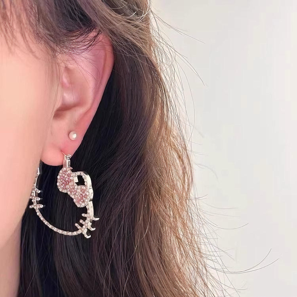 爆閃銀色滿鑽kitty耳圈女誇張個性可愛kt貓耳環小眾復古耳夾耳飾