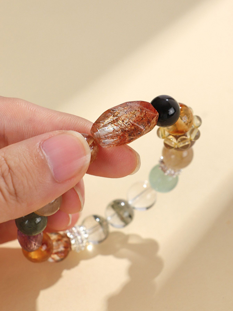 天然多寶水晶串珠手鏈女小眾高級黑金超七綠幽靈手串首飾