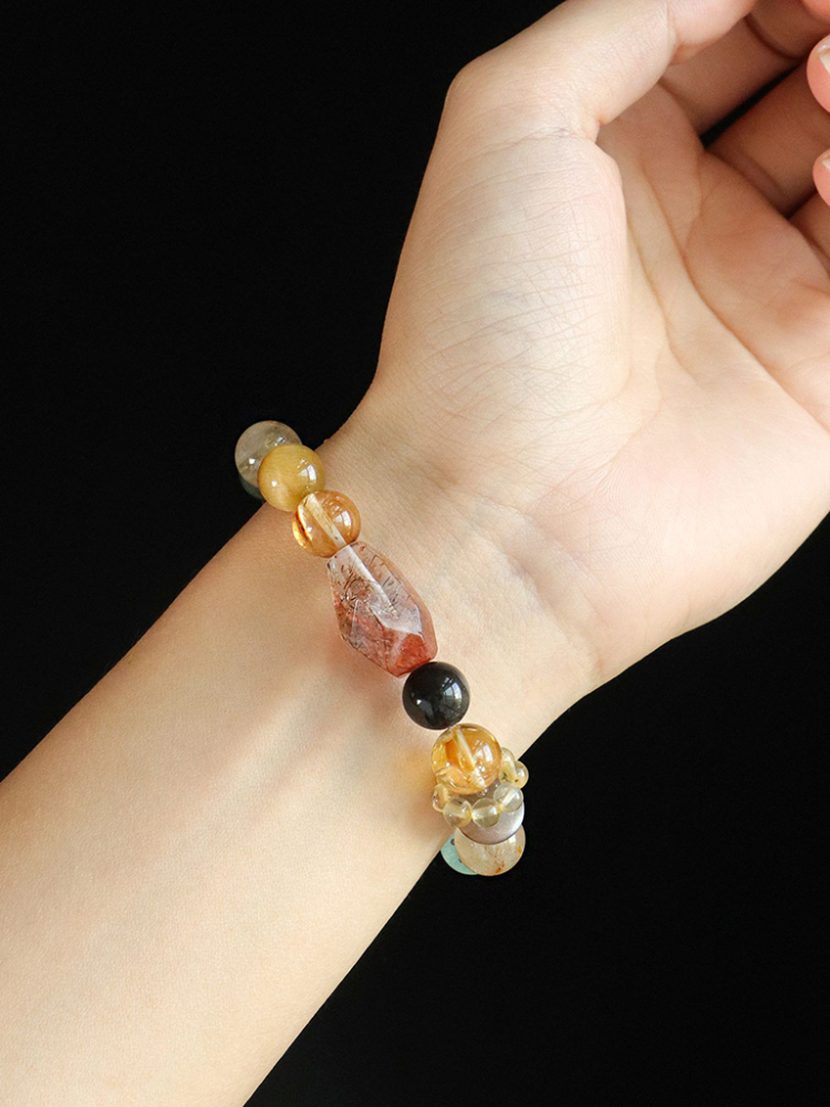 天然多寶水晶串珠手鏈女小眾高級黑金超七綠幽靈手串首飾