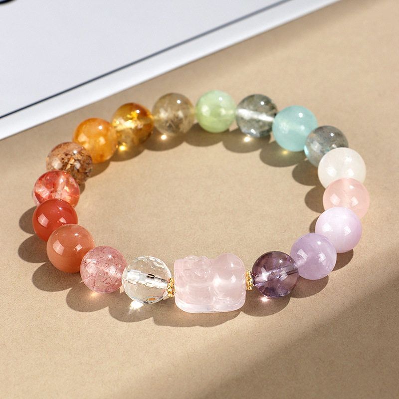 馬粉醒獅貔貅小熊多寶天然水晶串珠手鏈女時尚高級感海藍寶紫天然水晶手串